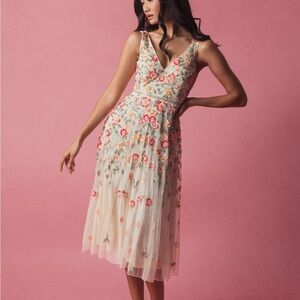 MAC DUGGAL NWT White V Neck Sleeveless Midi Floral Beaded A Line Dress 4